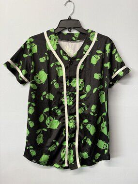 Green & Black Cartoon Print Button-Up Baseball Jersey Shirt Short Sleeve Size M